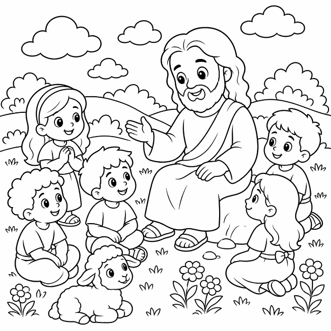 Desenho bíblico Jesus e as crianças